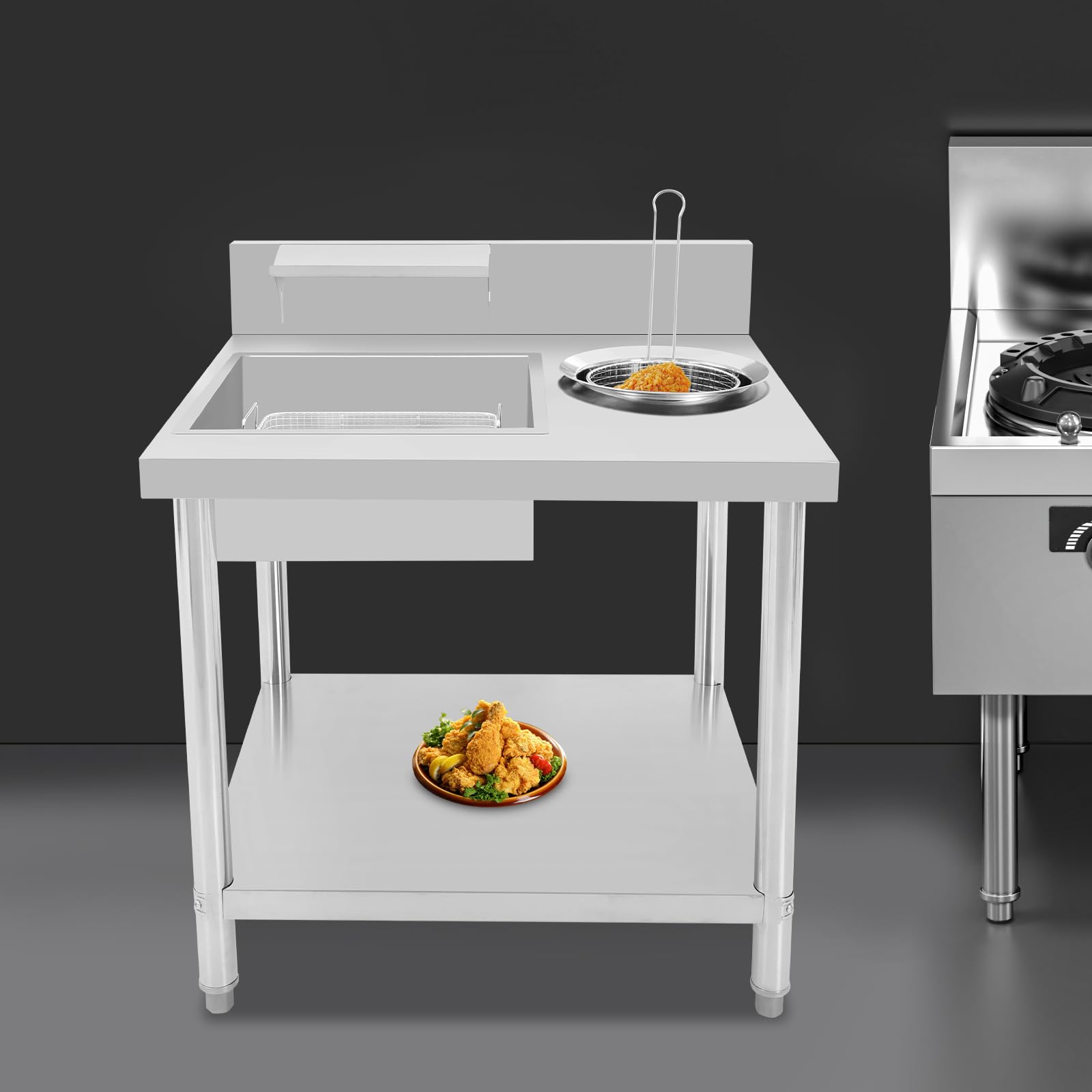 Tavolo per la preparazione di pollo fritto, piano di lavoro commerciale per impanare pollo fritto, incluso bacino e cestino, tavolo per la preparazione di cibi fritti, 80 x 70 x 93 cm