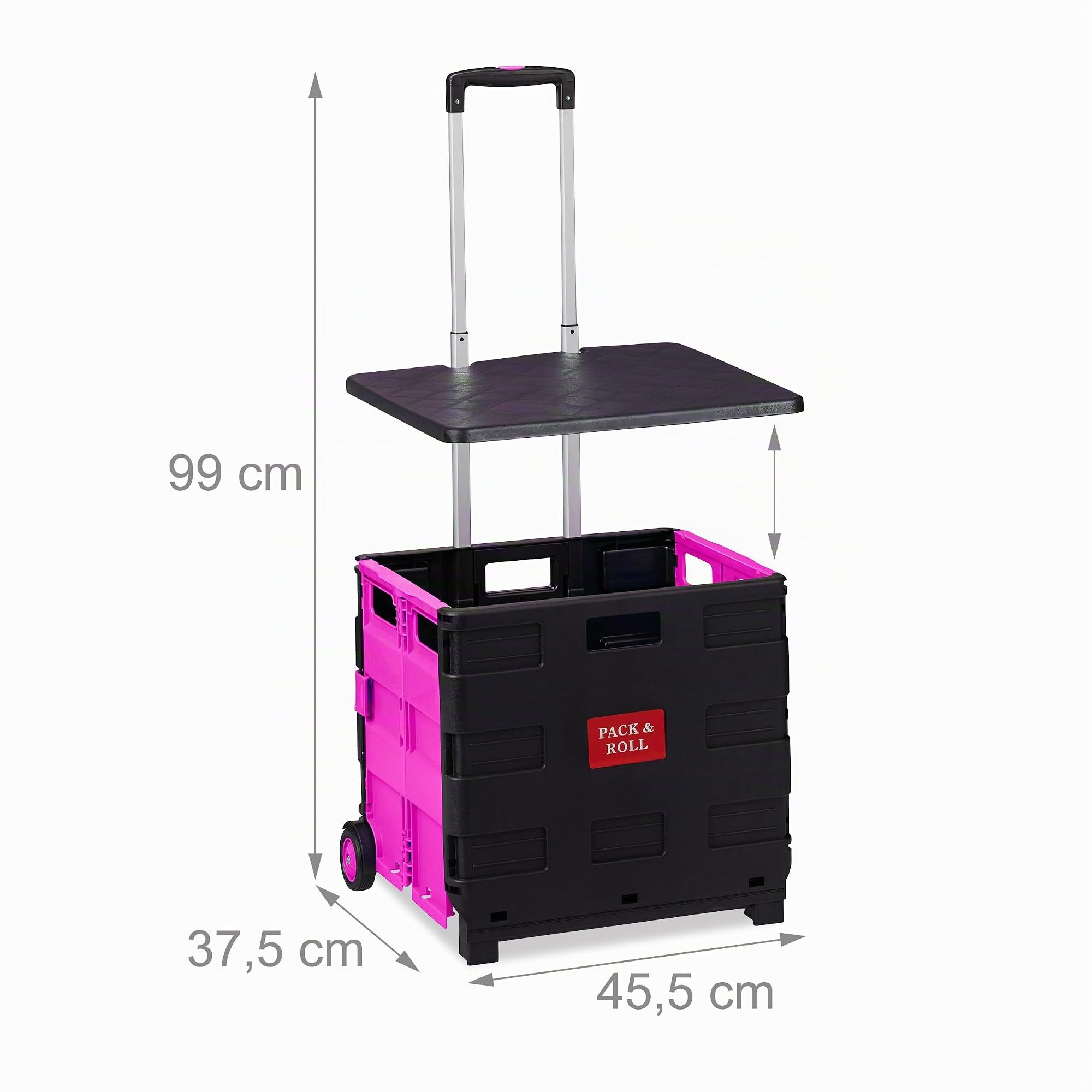 Relaxdays Chariot de Courses, Pliable, Jusqu’à 35 kg Poussette de 50 l, poignée télescopique, 2 roulettes, Rose/Noir