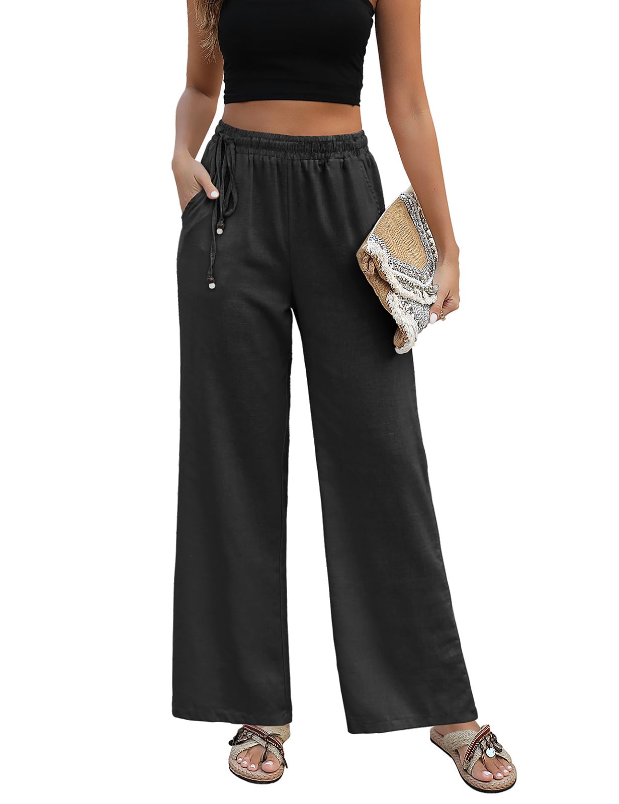 PASUDA Pantaloni Donna Pantaloni in Lino Estivi Larghi da Donna Eleganti Elastico Vita Alta Pantaloni Gamba Dritta Casual Leggeri Pantalone con Tasche e Coulisse Laterale