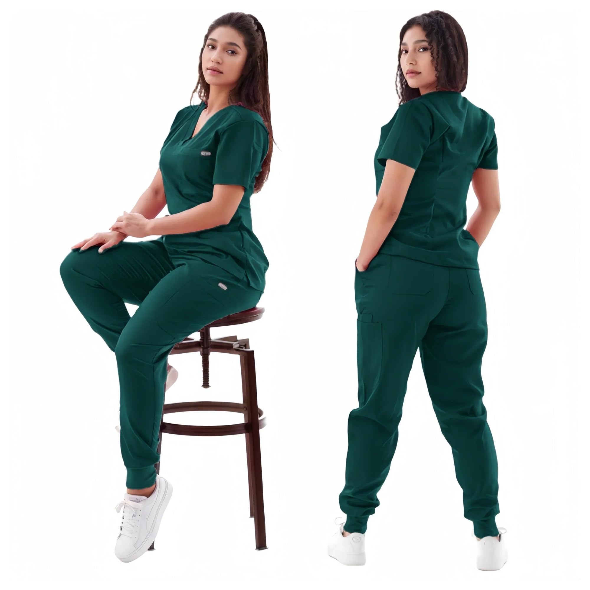 Shbhws Women's Dark Green Nurse's Uniform Multicolour Jogger Suit Nurse Scrubs Set Clinical Clothes Doctor Nursing Uniforms Short Sleeve V-Neck Tops Pocket Pants Beauty Uniform Tunics(,M)