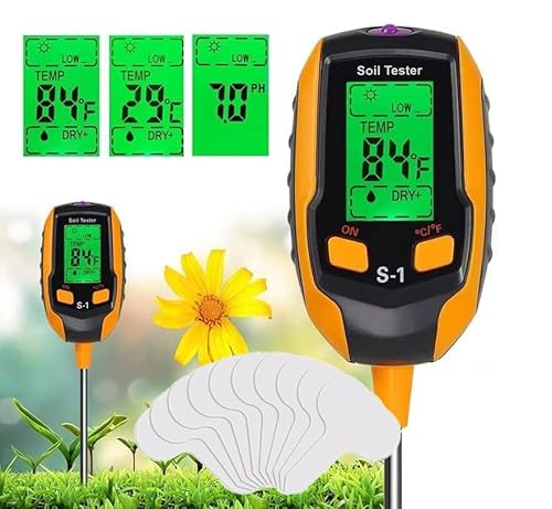 Soil Moisture Meter, 4-in-1 Soil PH Meter, Soil Tester with 20 Labels, Digital Soil PH Tester with Light/PH/Temperature, Plant Thermometer Test for Gardening, Lawn, Farming, Indoor & Outdoor Plants