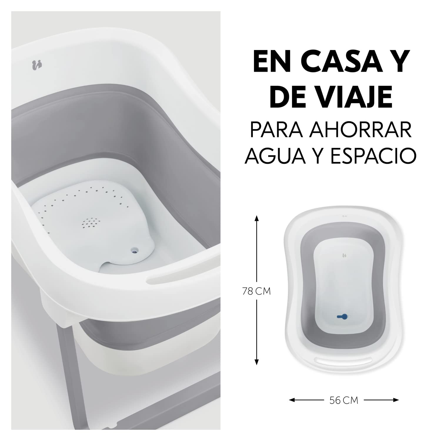 hauck Wash N Fold L, Bañera Plegable Bebé con Banqueta, Bañera Portátil Bebé para Recién Nacidos hasta 18 kg, Tapón Térmico, 80 x 56 x 44 cm
