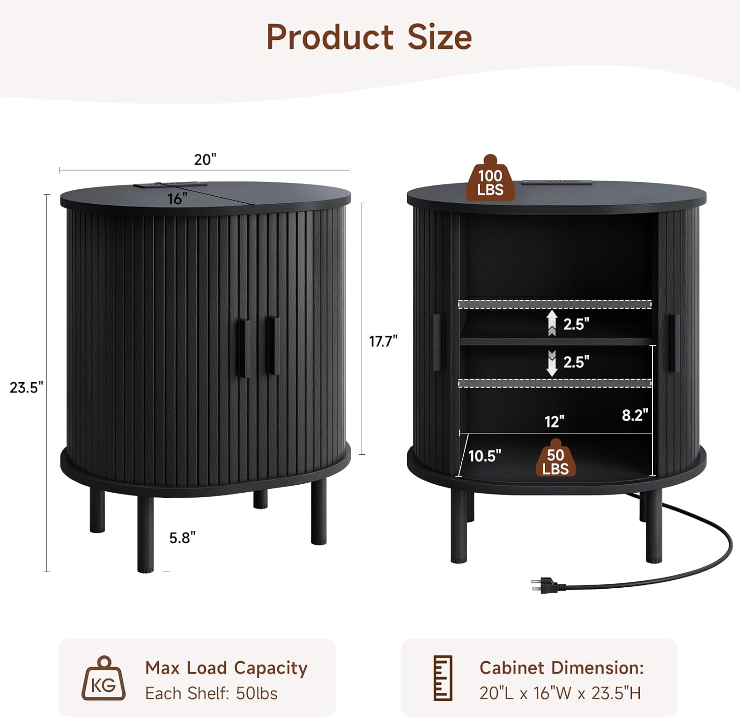 Diagram showing the ONBRILL Oval End Table with detailed dimensions: 20 inches width, 16 inches depth, 23.5 inches height. It also indicates a maximum load capacity of 100 lbs for the top and 50 lbs per shelf.