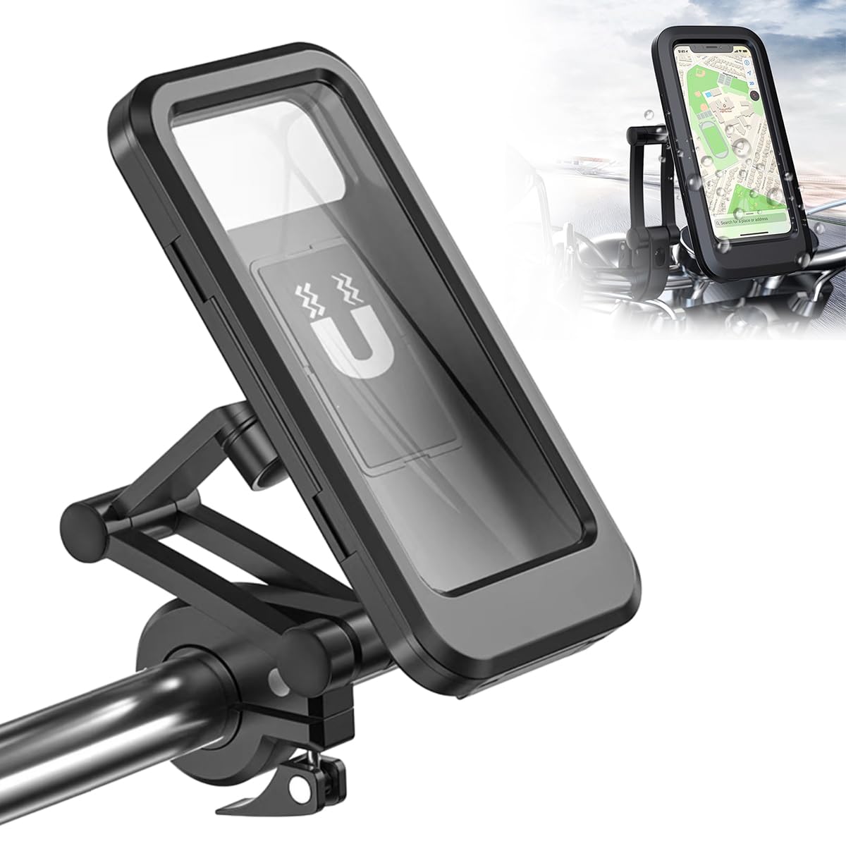 UrbanPulse 自転車 スマホホルダー 防水 バイク用 マグネット式 伸縮ナビゲーションホルダー 360度回転 角度が調整可能 高感度タッチスクリーン 自転車用 防雨携帯ホルダー 防水ケース 防塵 防汚 耐衝撃 簡単取り付け 画面6.7インチまでのスマホに対応 通勤 通学 旅行 遠足 配達用