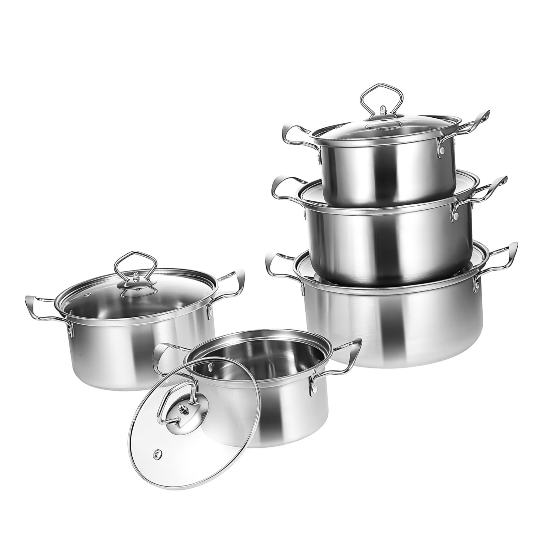 TOYANDONA Set Pentole per Brodo e Stufato in Acciaio Inox con Coperchi in Vetro, Pentole a Induzione Doppio Manico, 10 Pezzi per Cucina Domestica e Preparazione Zuppe