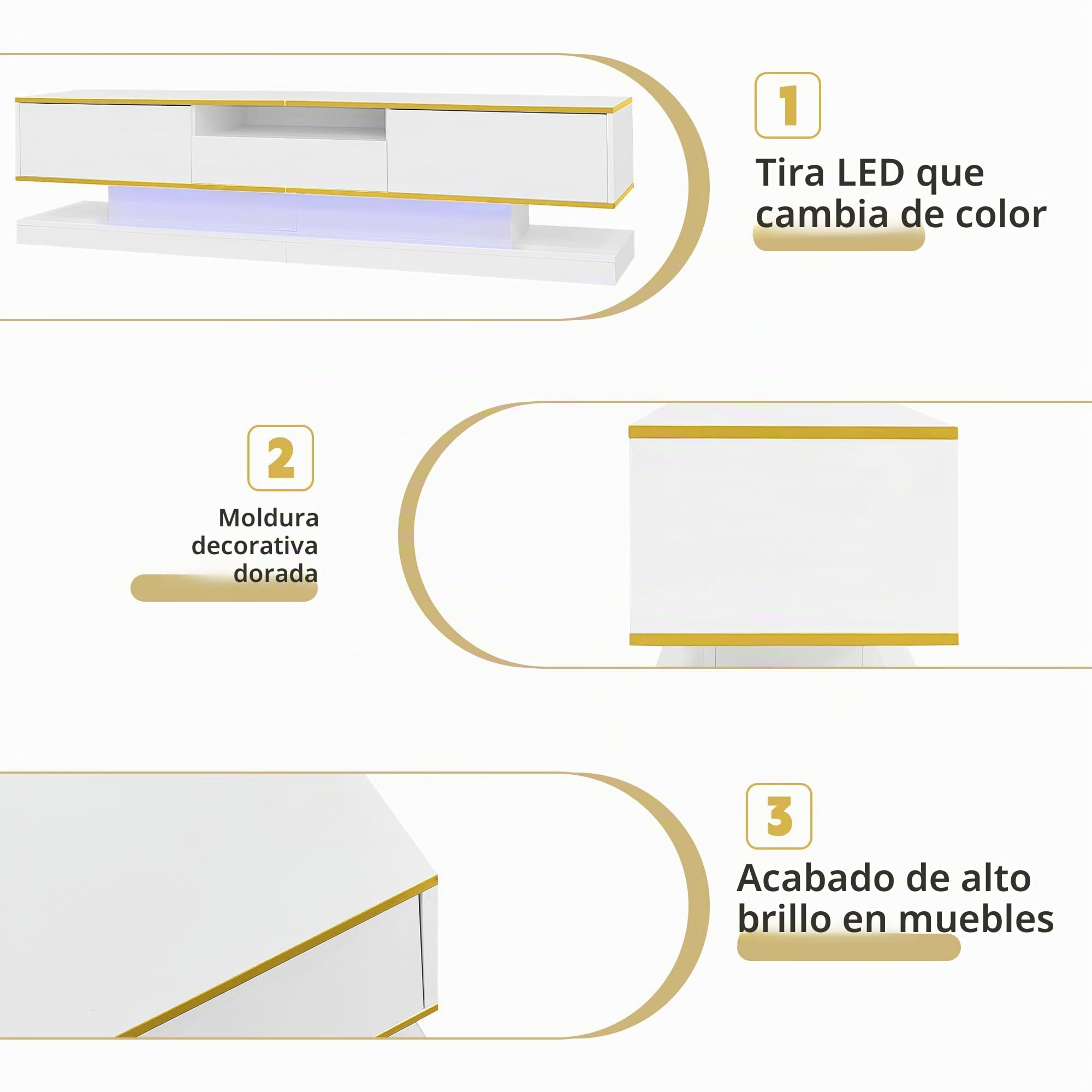 Mueble de TV moderno con tres cajones y un compartimento abierto, brillante con luces LED que cambian de color, 180 x 38 x 45 cm (blanco)