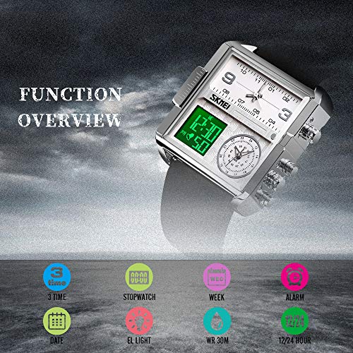 Image of SKMEI Men's Digital Sports Watch, LED Square Large Face Analog Quartz Wrist Watch with Multi-Time Zone Waterproof Stopwatch