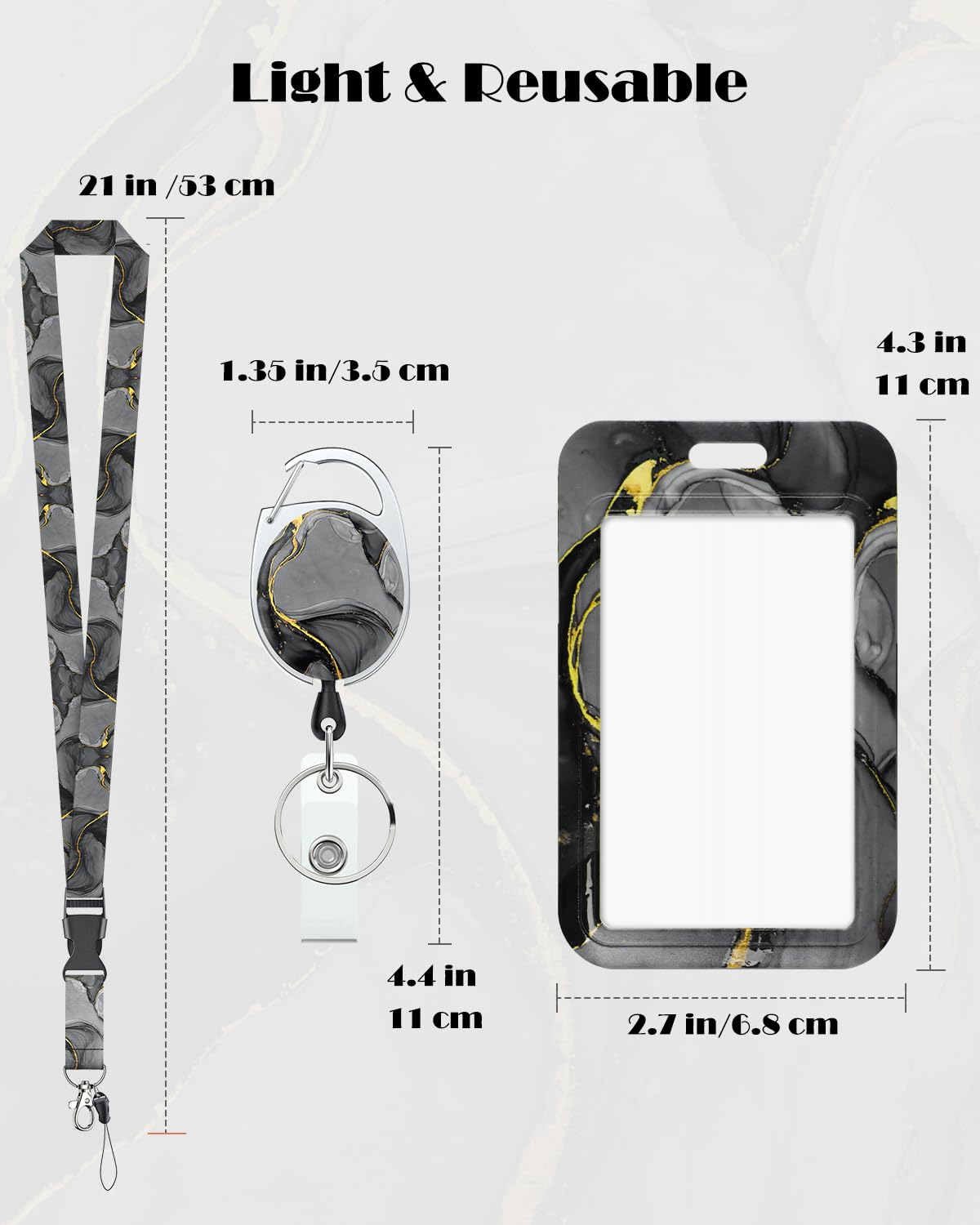 Uniclife Marbling Sliding Badge Holder Blackish Gray Marble Pattern Plastic Card Holder with Retractable Badge Reel Carabiner Detachable Lanyard Vertical Card Protector for Office Worker Student - Image 2