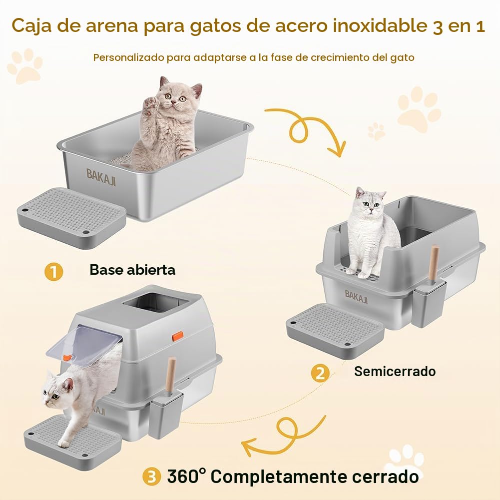 BAKAJI Arenero para Gatos XXL con Base de Acero Inoxidable de 35 litros y Puerta Transparente bloqueable, Plataforma Anti Arena, Pala con Recipiente y Alfombrilla antisuciedad, 40 x 60 x 39 cm