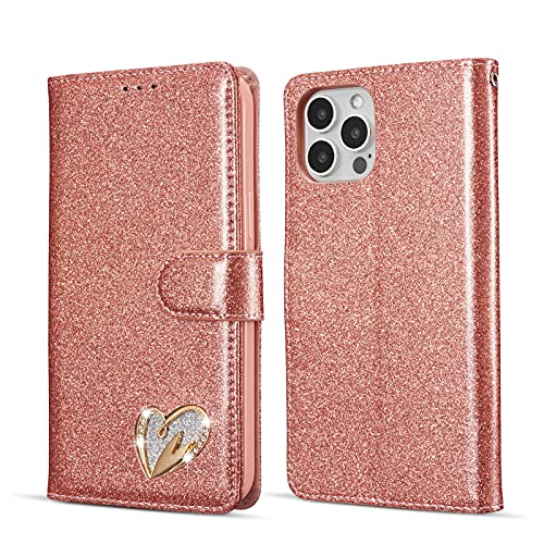 Coque iPhone 13 Pro Max portefeuille magnétique à rabat pailleté et support vidéo incliné