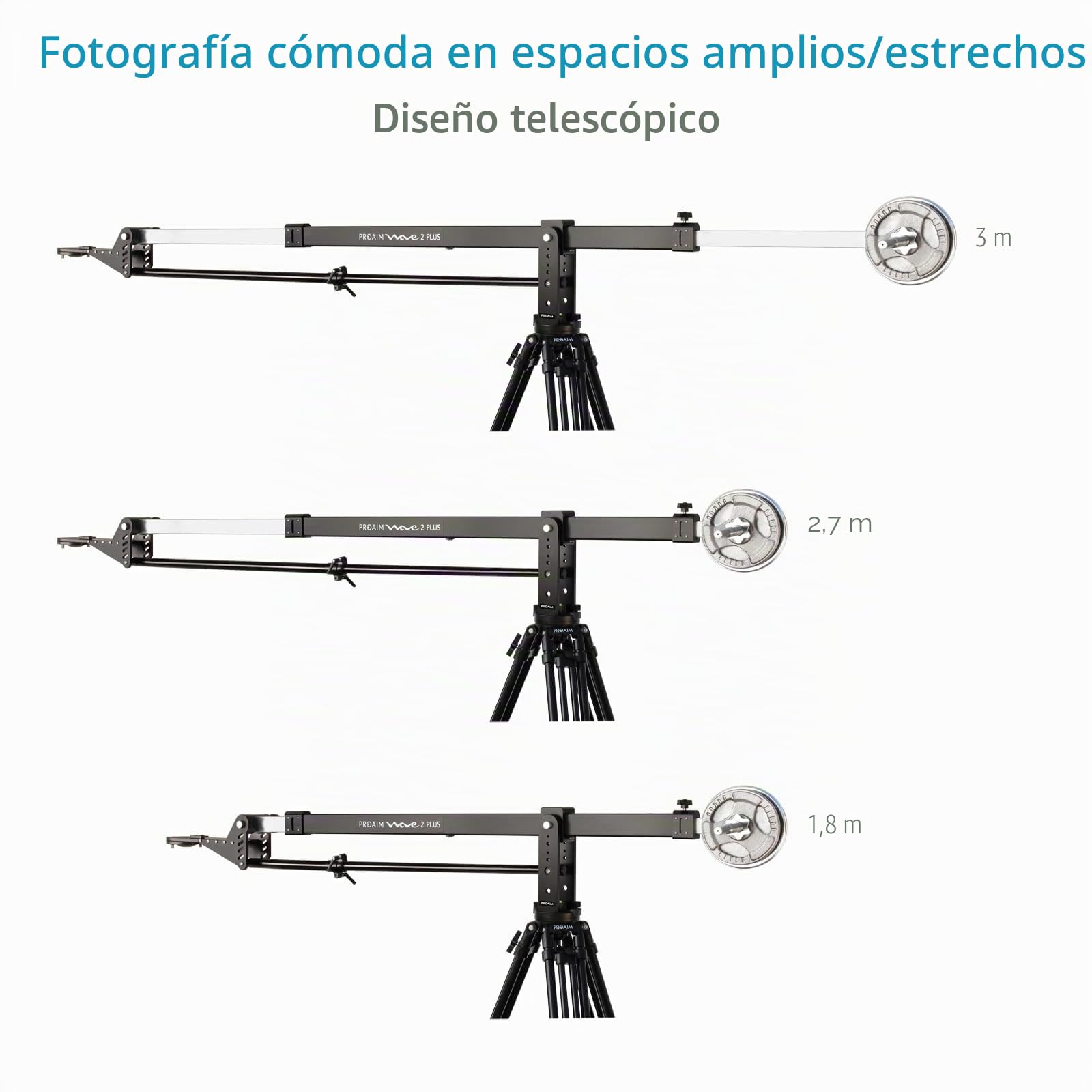 Grúa Jib Proaim Wave-2 de 10 pies para cámaras DSLR | Soporta hasta 25 kg, incluye base de 100 mm con adaptador de 75 mm y compatible con gimbals y cabezales pan-tilt.