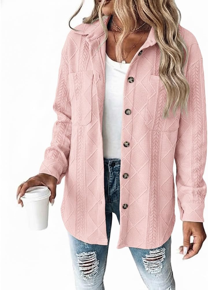 CHICME Oversized Shacket Jacket for Women Button Down Shirt Cable Textured Casual Long Sleeve Loose Jacket