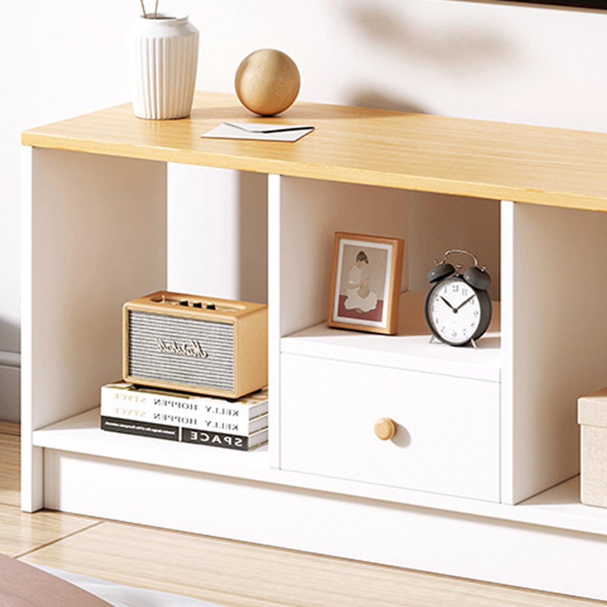 TV-Schrank 90cm, Moderner Fernsehschrank mit Schublade & 3 Fächern, Weiß-Holzoptik, Stabil & Platzsparend, für Wohnzimmer, Schlafzimmer