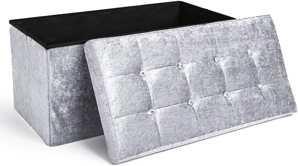 New Large Ottoman Foldaway Storage Blanket Toy Box Bench Twill Linen with Buttons Lt Grey/Slate Grey (76x38cms Crushed Velvet Silver)