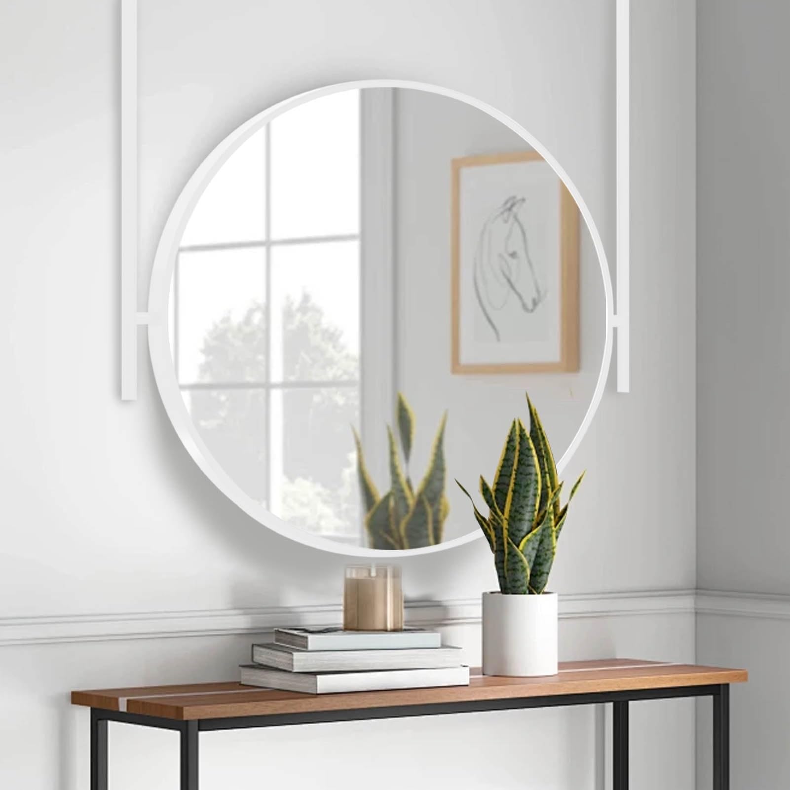SXFSDOU Nordic Design Ceiling Hanging Mirror with Metal Frame and Boom Floating Decorative Simple for Bathroom Entryway Home Decor Mirrors(Diameter-70CM/27.6INCH)