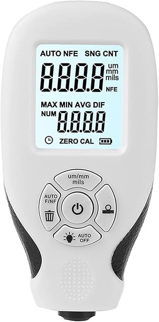 Car Paint Coating Thickness Gauge, Handheld Backlight LCD Digital Coating Thickness Gauge Meter with Calibration Sheets for Steel and Aluminum Base Metal (White)
