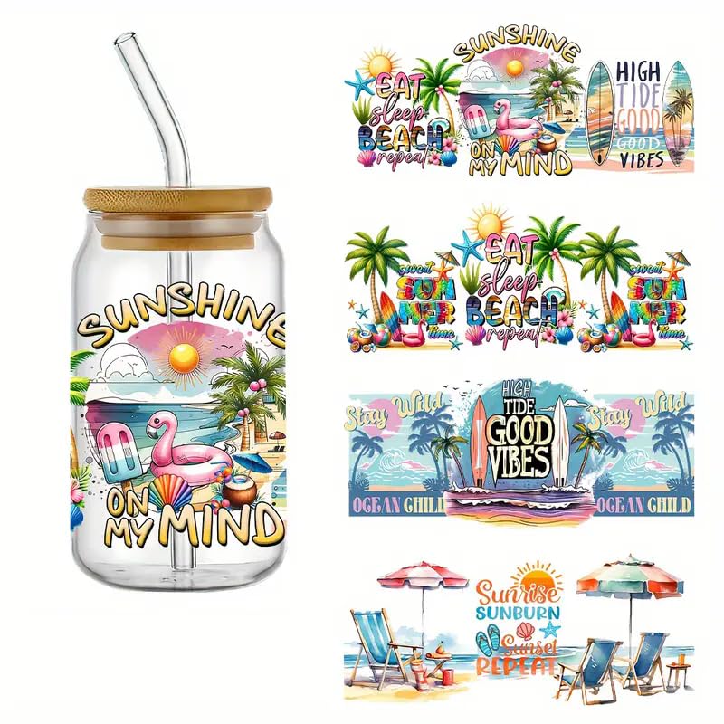 4pcs Summer Beach Themed UV DTF Cup Wraps Winter UV DTF Transfer Waterproof Sticker for Glass Cups Furniture Craft DIY Crafts，Rub on Transfer Stickers