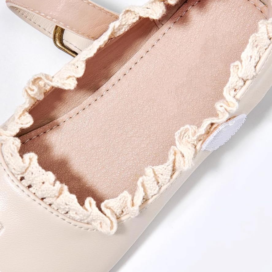 Girls Mary Jane Flats with Lace Trim, Buckle Strap, Cream Color4