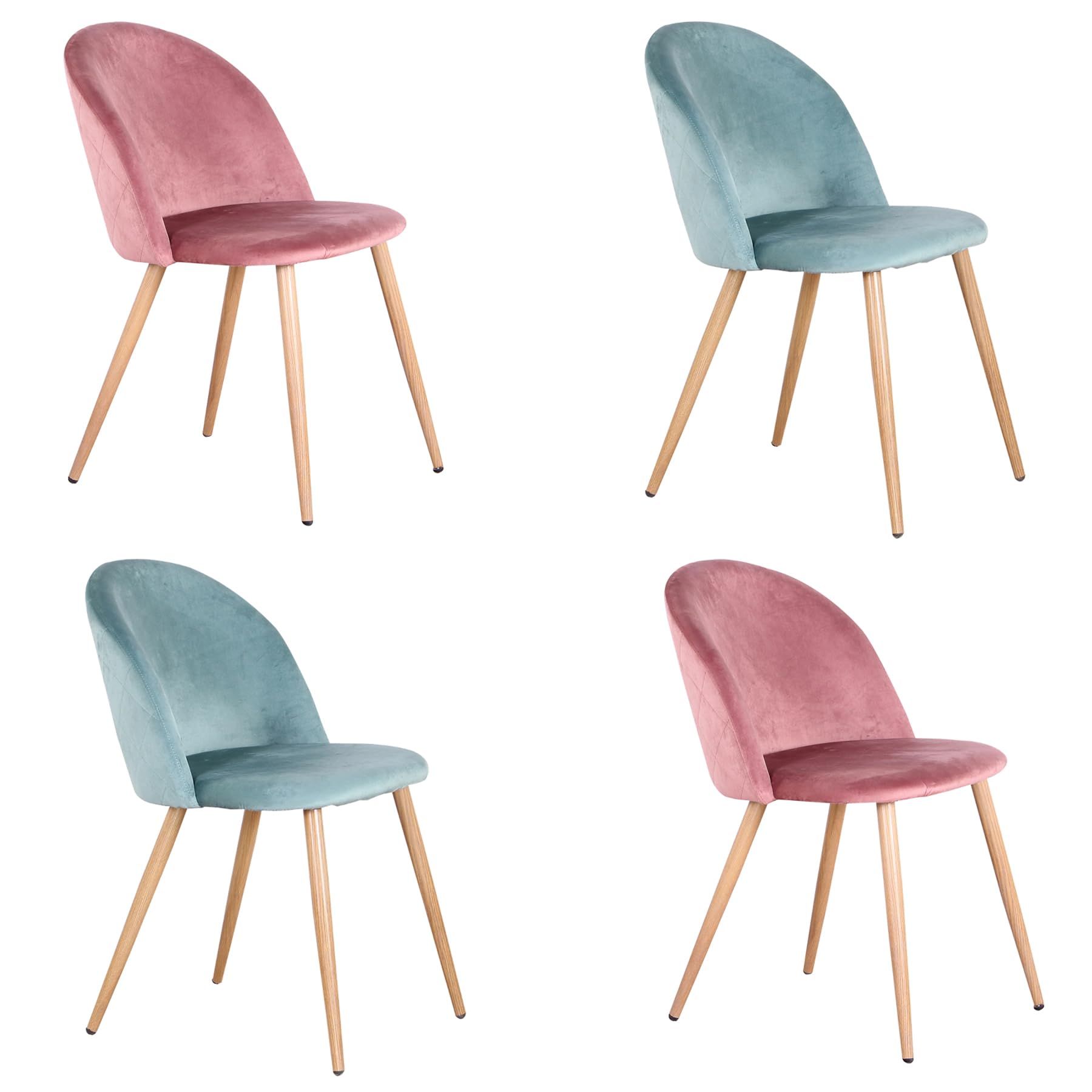 Juego de 4 Sillas de Comedor Tapizadas con Respaldo de Asiento de Terciopelo Suave y Patas de Metal Ajustables de Madera (Verde+Rosa)