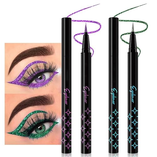 evpct Juego de 2 lápices de maquillaje de ojos líquidos, color morado y verde, con purpurina brillante, resistente al agua, a prueba de manchas, de
