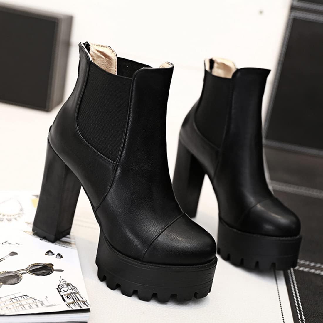 VOKLIN Women's Chunky Platform Block High Heel Ankle Boots Round Toe Side Panel Zipper Dressy Short Booties