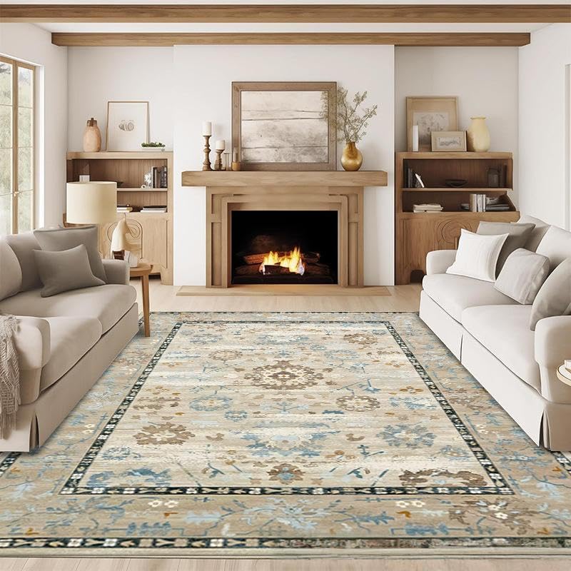 Tapis de salon bleu style rétro pour chambre et salle à manger chaleureuse