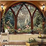 Lifeella Fantasy Castle Window Tapestry, Magic Woodland Scene Large Wall Backdrop, Fairytale Moon Mural for...