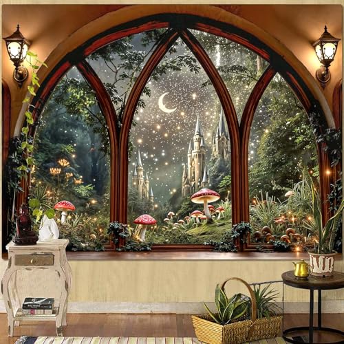 Lifeella Fantasy Castle Window Tapestry Magic Woodland Scene Large Wall Backdrop Fairytale Moon Mural for Bedroom Dorm Living Room Decor 60x80 inches
