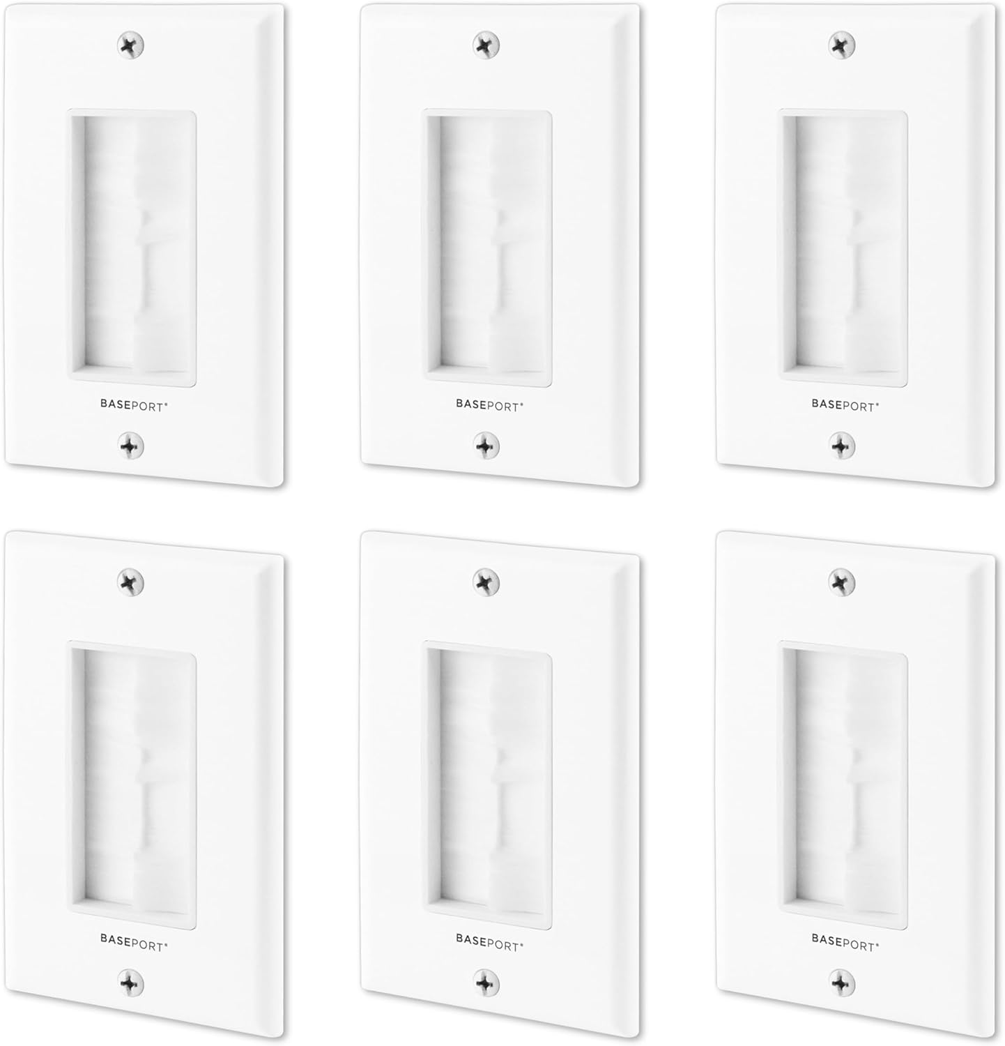 BASEPORT Brush Wall Plate Cable Pass Through Insert for Behind Wall Cable Management - White Single Gang Brush Plate with Low Voltage Mounting Bracket to Hide Wires In Wall, 6 pack