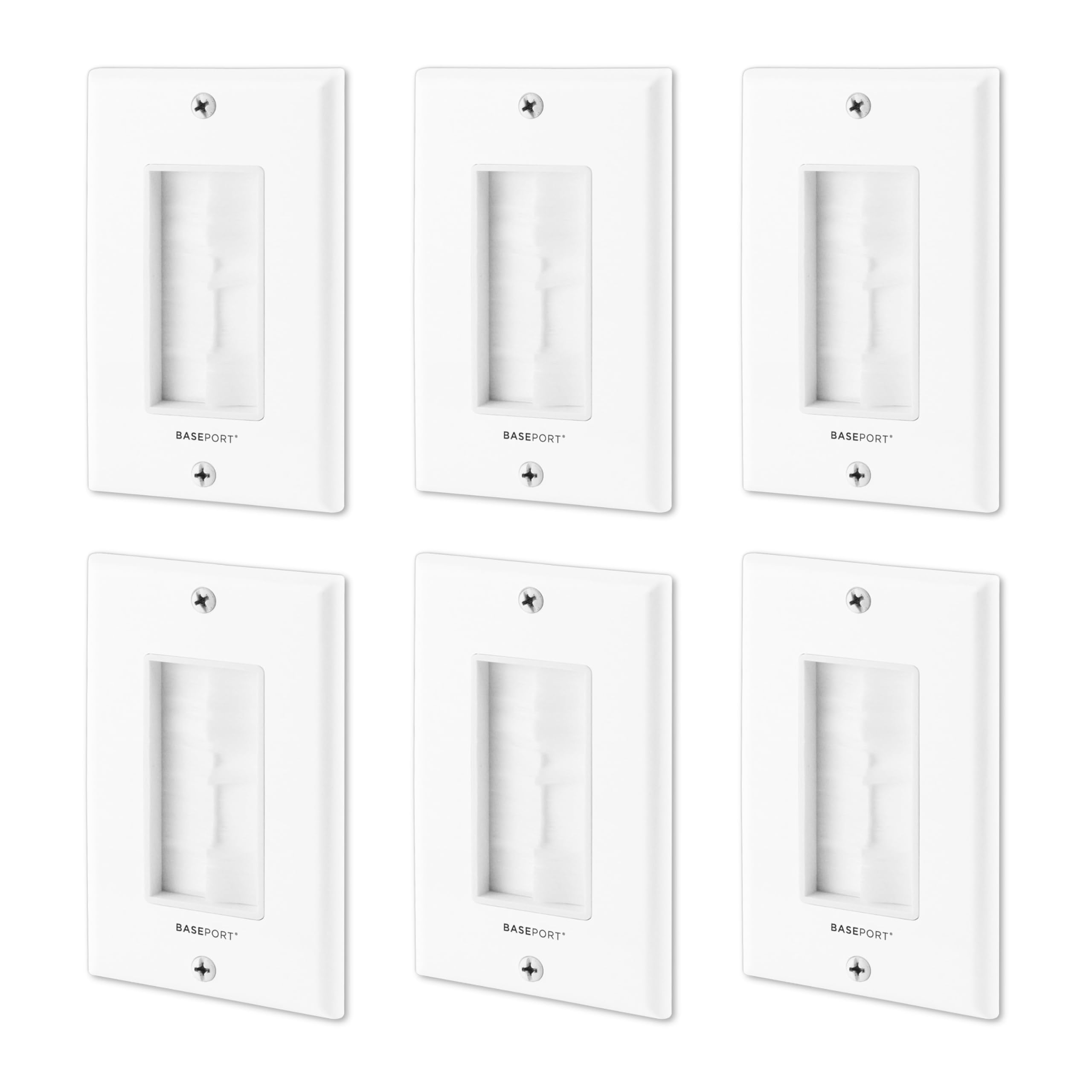BASEPORT Brush Wall Plate Cable Pass Through Insert for Behind Wall Cable Management - White Single Gang Brush Plate with Low Voltage Mounting Bracket to Hide Wires In Wall, 6 pack