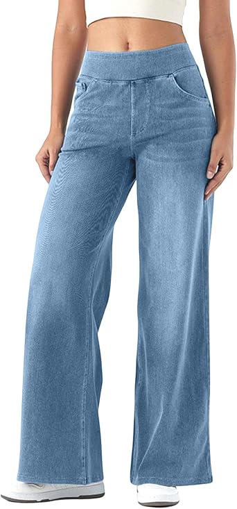 Wide Leg Jeans Woman | High Waisted Stretchy Baggy Jean, Elastic Waist Pull On Sweatpant, Long Straight Denim Pant