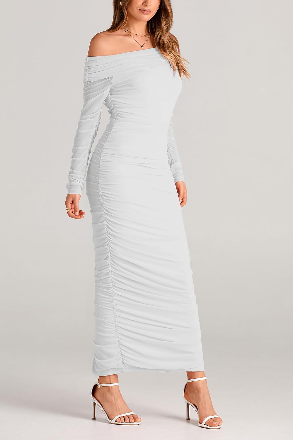 PRETTYGARDEN Women's Fall Off The Shoulder Maxi Dress Spring Long Sleeve Ruched Fitted Bodycon Club Dresses with Slit - Image 8