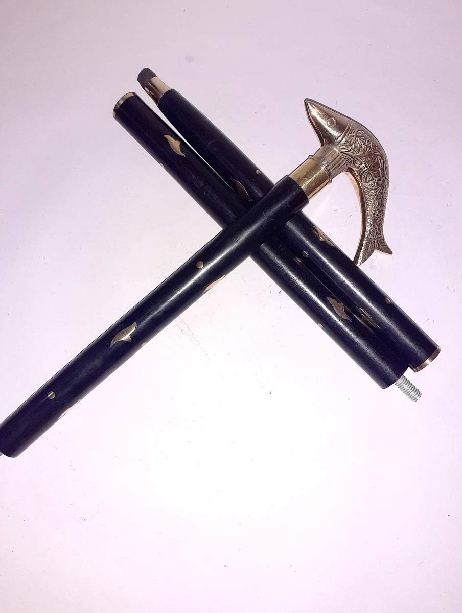 Golden & Black Fish Wooden Walking Stick Cane with Brass Handle