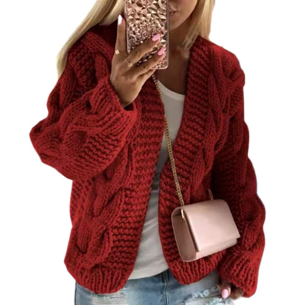 HGJH Pullover Damen, Damen Strickpullover Offen Kurz Cardigan Zopfmuster Grob Gestrickt Kimono Rot Mode Langarm Cardigan Weich Elegant Herbst Leichte Jacke Für Casual Business