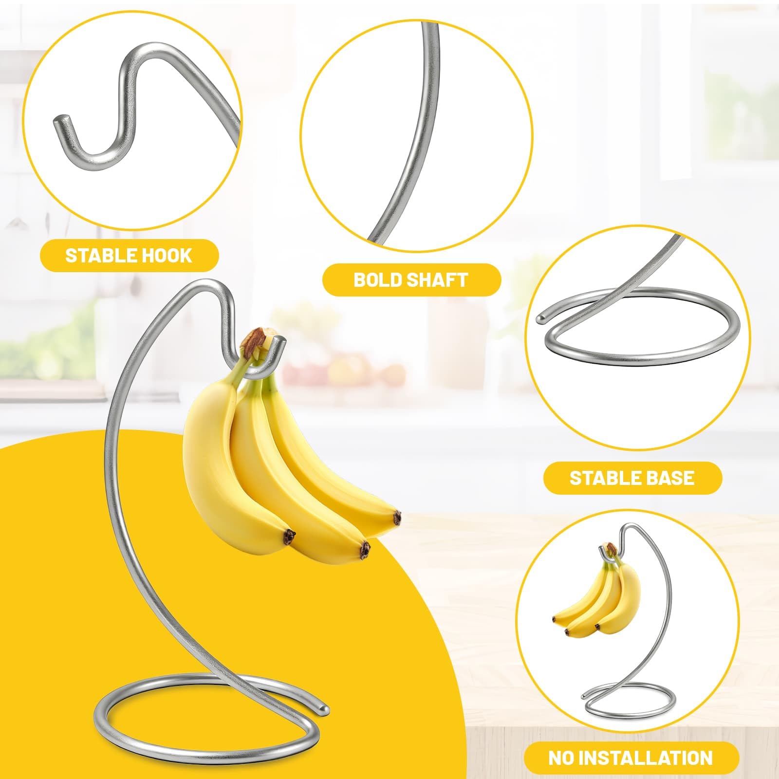 DYUEE Bananenhalter-Ständer – moderner Bananenaufhänger, Metall-Bananenaufhänger, Baumständer, Haken für Küche, Arbeitsplatte, um Bananen frisch zu halten, für 6,8 kg (Silber)
