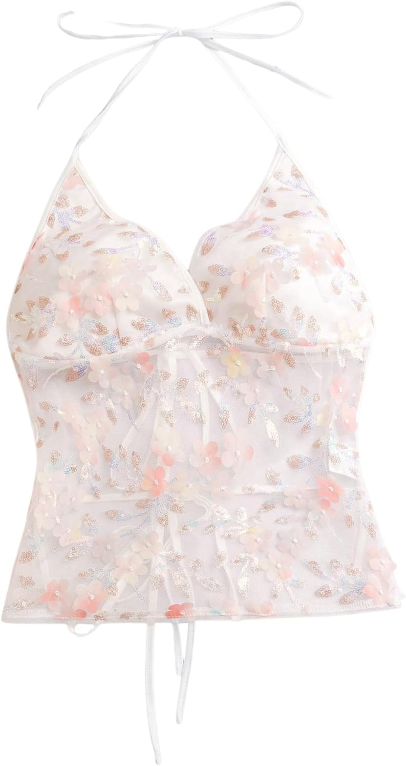 MakeMeChic Women's Y2k Sequin Halter Tops Floral Sparkly Open Back Going Out Tops