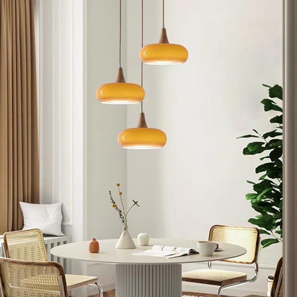 Pendelleuchte Orange Glas Vintage, Hängelampe Flach Rund Mid Century Kronleuchter für Küche Schlafzimmer Esszimmer