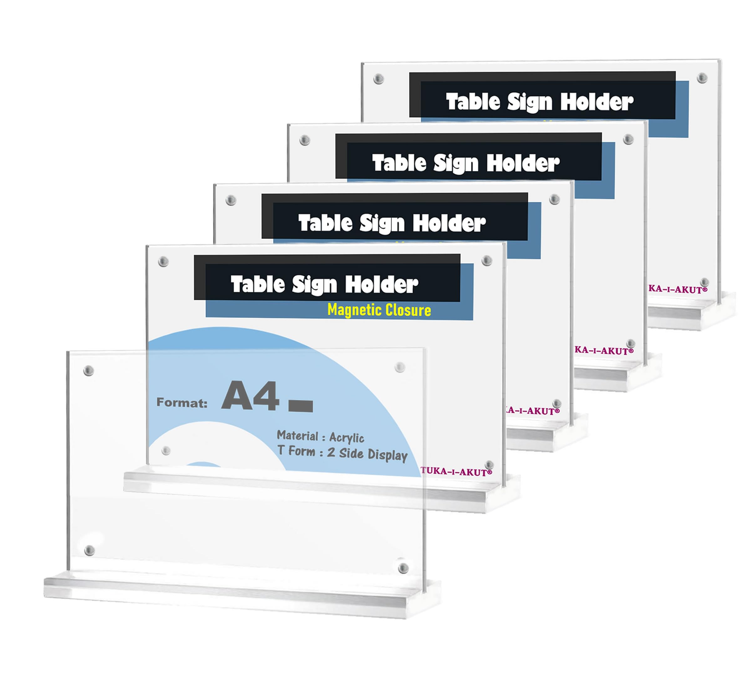 TUKA-i-AKUT 5X A4 Acrilico Porta Menu da Tavolo, Chiusura Magnetica, Bifacciale T Supporto, Base Acrilica, Espositore Pubblicitario per Carta Brochure Foto Cartellino, Orizzontale TKD8241-A4-W-5x