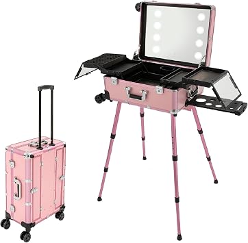 Aluminum Trolley Makeup Train Case with LED Light Mirror & Retractable Legs, 3-tier Professional Rolling Cosmetic Organizer Box,Pink Freestanding Aluminum Artist Trolley