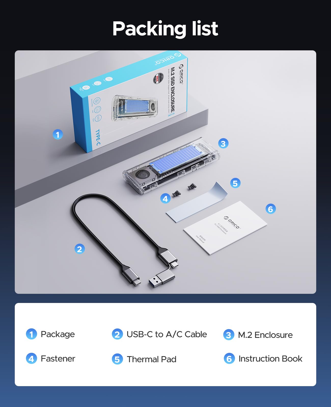 ORICO Obudowa NVMe SSD 40 Gbps z wentylatorem, beznarzędziowa obudowa M.2 SSD do Thunderbolt 4/3 USB 3.2/3.1/3.0, przezroczysty adapter M2 obsługuje M-Key SSD 2230/2242/2260/2280, TCM2-U4-BL