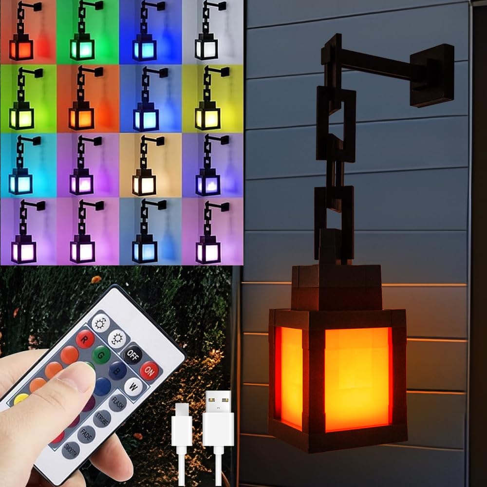 Hojalis Pixelated Lantern Night Light, USB Rechargeable Night Lamp, 16 Colors Changing Led Wall Sconces with Remote, LED Wall Mood Lamp for Room, Game Room Decor, Christmas Gifts for Boys and Girls