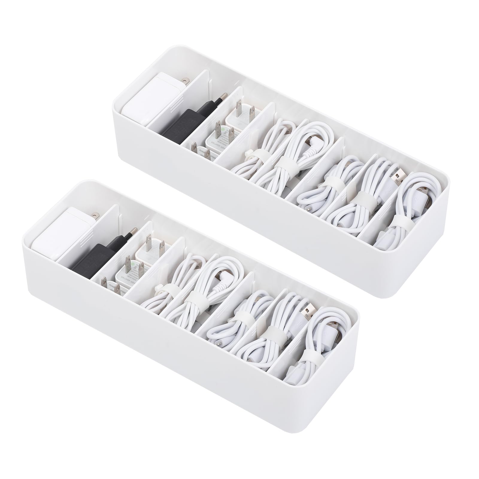 Yesesion 2 Pack Plastic Cable Management Box with Removable Dividers, Cord Storage Organizer with 20 Wire Ties for Office Supplies, Electronic Accessories, Battery, Phone Charger (White)