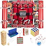 KreativeKraft Christmas Crackers Pack of 6, Mini Games or Wind Up Toys for Kids Family Dinner Parties, with Party Hats & Joke, Xmas Festive Decor (Red Mini Game)