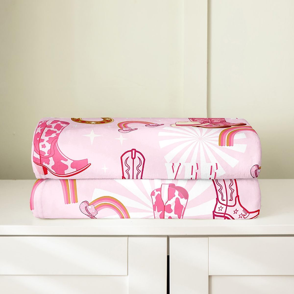 Pink Western Cowboy Flannel Fleece Throw Blanket Twin 60"x80" Rainbow Plush Blanket for Boys Girls Teens Western Decor Stars Fuzzy Blanket Super Soft All Season Bed Blanket Room Decor