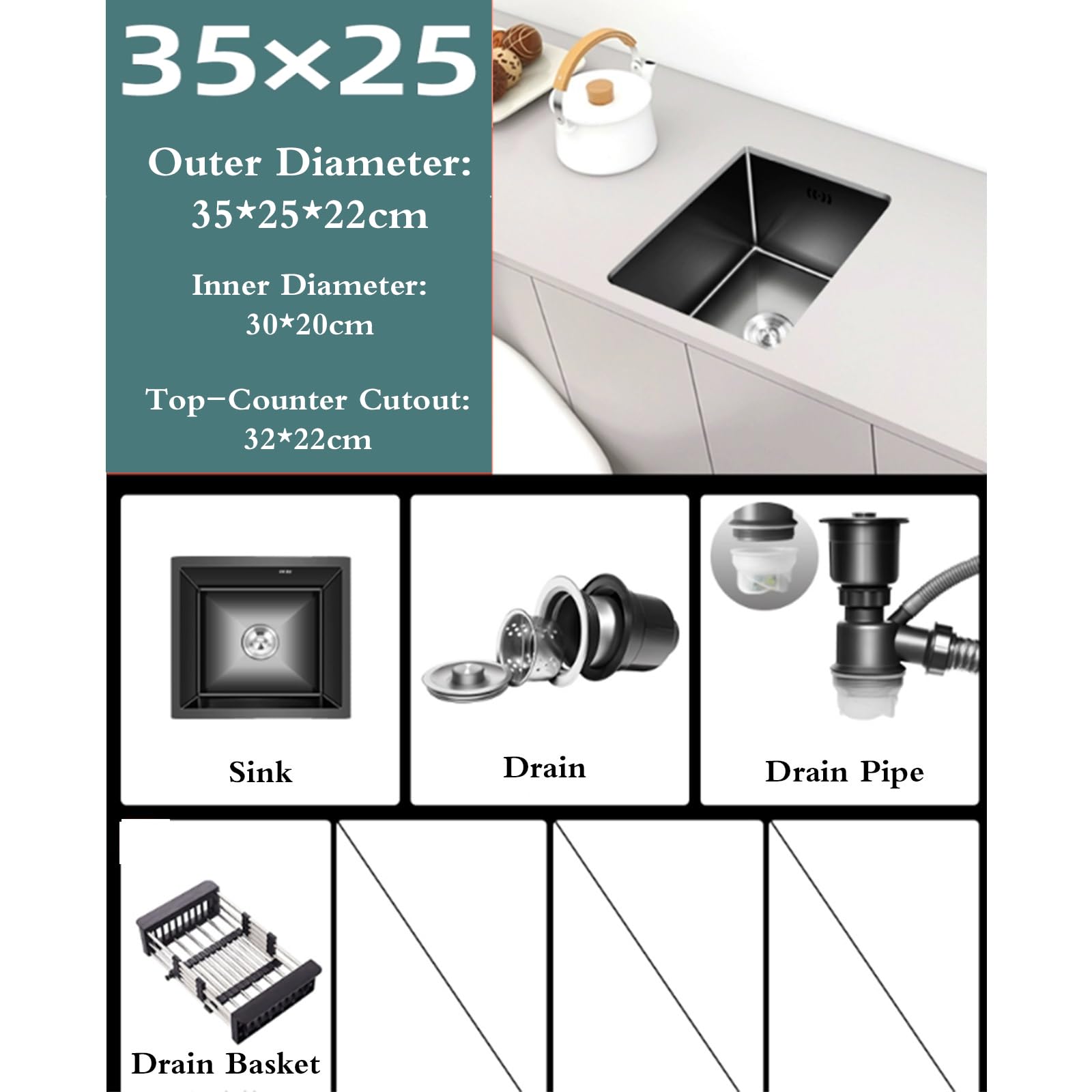 Elegancki 38 x 30 cm czarny zlew kuchenny ze stali nierdzewnej wąska pojedyncza miska – kompaktowa umywalka wpuszczana do kampera baru łazienki użytku domowego z koszem odpływowym nad blatem wlot