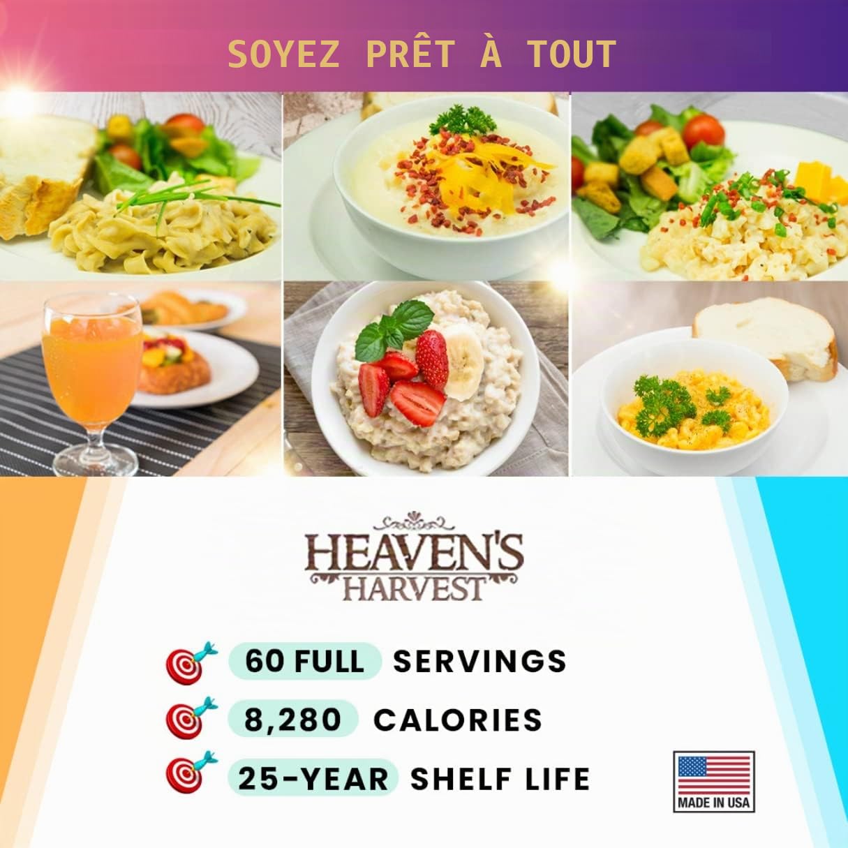 Heaven's Harvest Kit d'approvisionnement alimentaire d'urgence (60 portions de nourriture et de boissons) - Kit de survie 100 % lyophilisé avec une durée de conservation de 25 ans. Aliment non