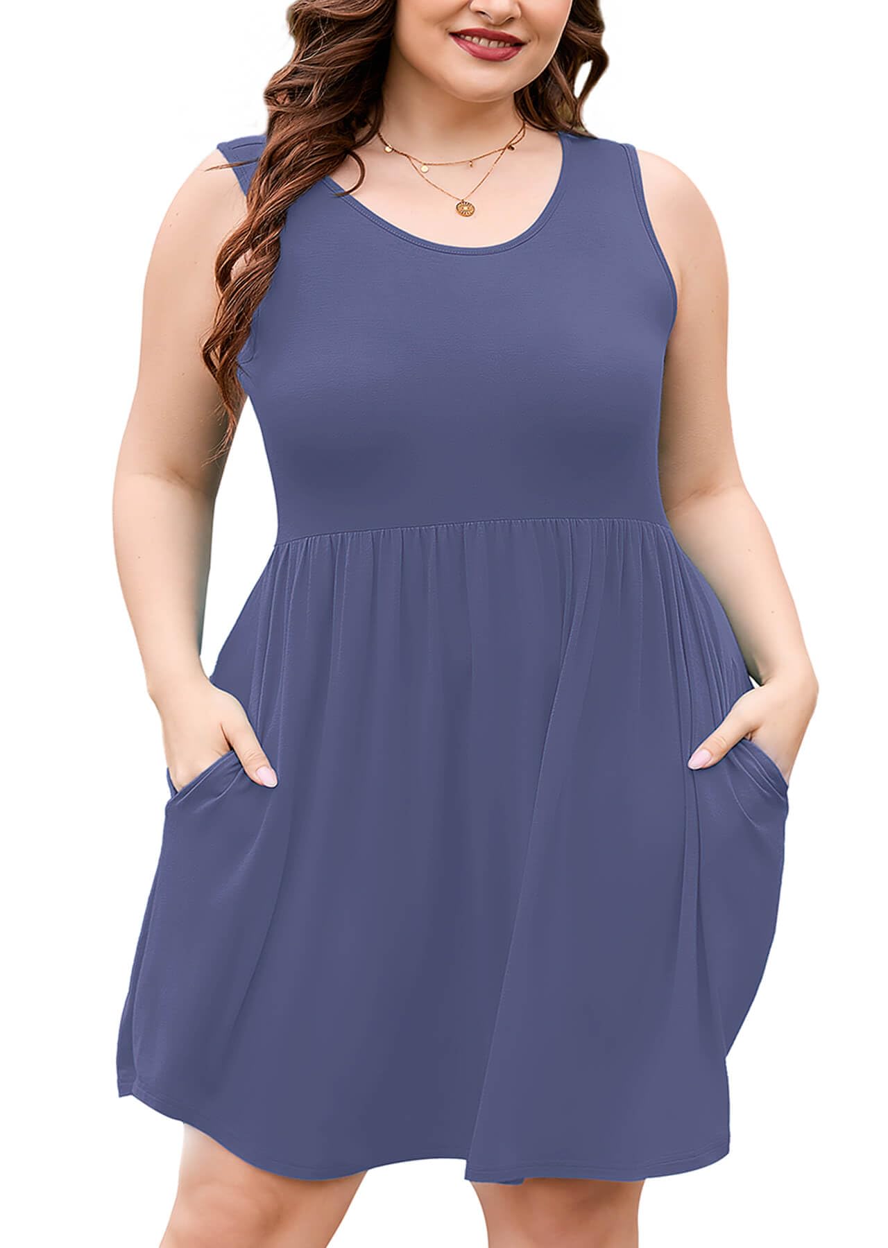AusLook Plus Size Summer Tank Dress for Women Casual Sleeveless Crewneck Pleated Babydoll Swing Sundresses with Pockets 1X-5X