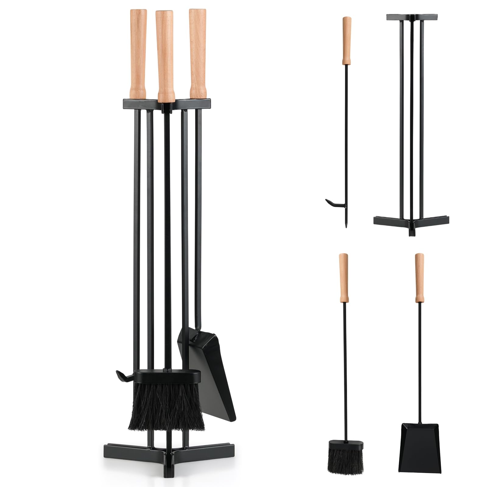 COSTWAY 4/5 Piece Fire Tools Set, Iron Fireplace Fireside Companion Brush, Poker, Shovel and Tong, Perfect for All Rooms Fire Place (4 Pieces, No Tong, Triangle Base, Black+Natural)