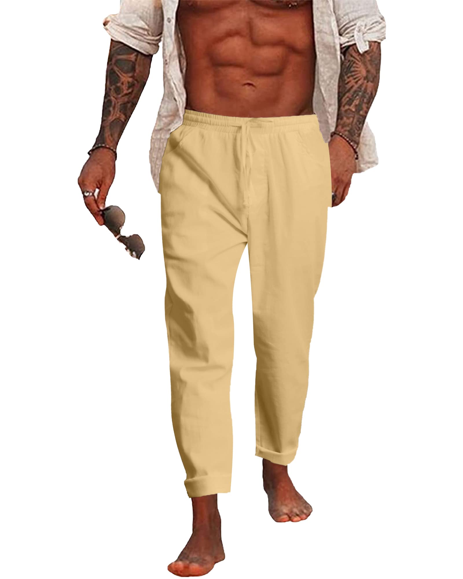 NANAMEEI Leinenhose Herren Sommerhose Lang Baumwolle Slim Fit mit Taschen Elastischer Bund