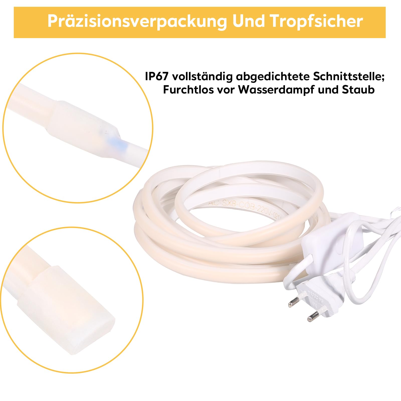 pcning IP67 Impermeabile Strip LED COB 220V 5M Flessibile Striscia Bianco Caldo 3000K, Strisce LED 220 Volt da Esterno 5 Metri (Bianco Caldo, 5M)